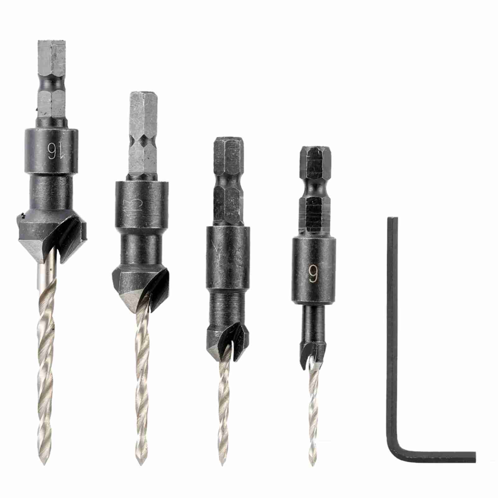 

4pcs Countersink Drill Bit Set 1 4in Hex Shank Adjustable Woodworking Tapered Drill Bit with Hex Wrench