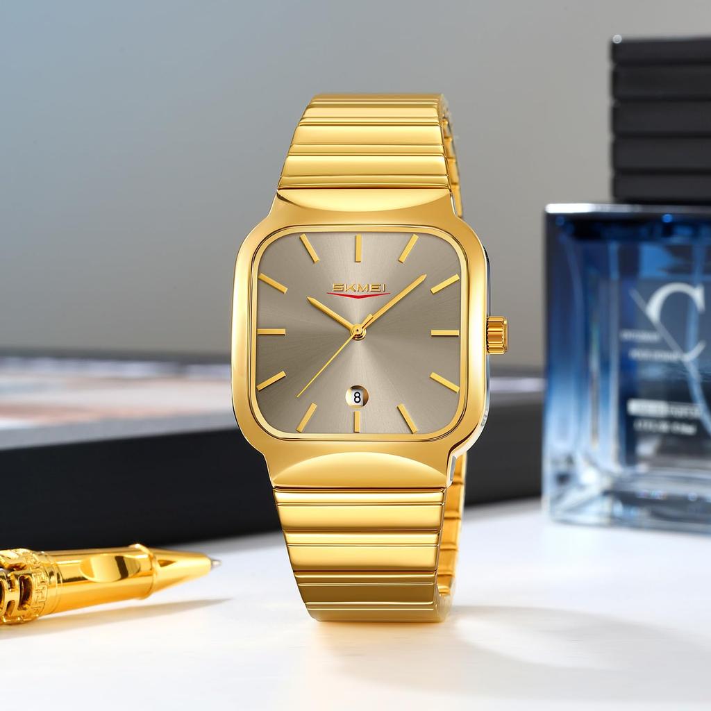 Nye firkantede herreklokker Mote Kalender Kvartsverk Rustfritt stålreim Vanntett Kvartsklokke