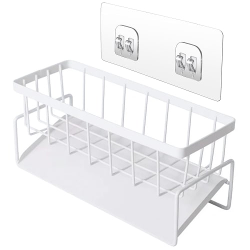 Stainless steel sponge rack with hooks, rust-resistant, perfect for kitchens, bathrooms, and kitchens. Perfect for storing sponges and detergents. Whi