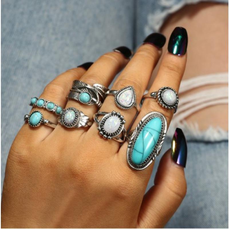 Retro Engraved Black Ring Turtle Flower Combination 16-piece Set for Women