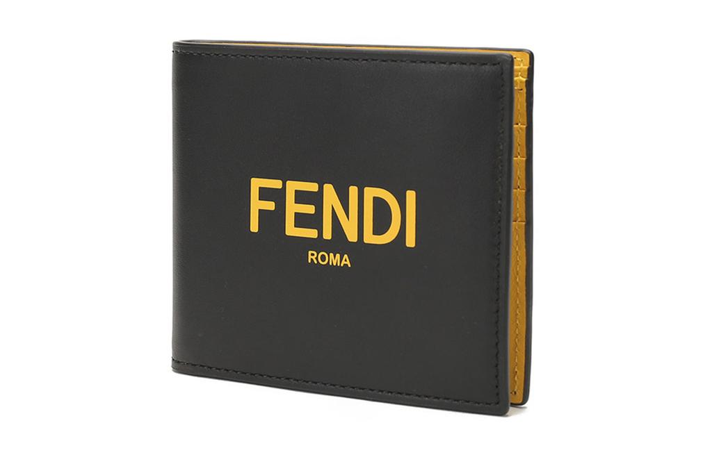Fendi Logo Printed Short Double-Fold Calfskin Wallet For Men Black And Yellow
