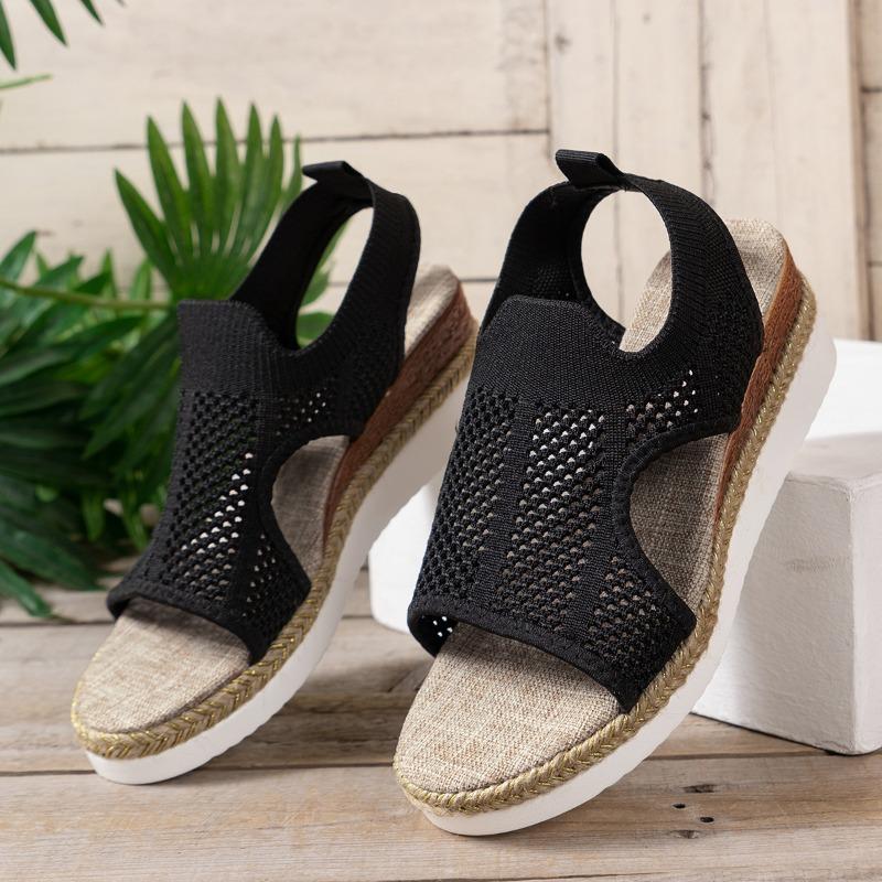 Summer new slope heel sandals large size hot sandals fly woven breathable mesh fish mouth women's sandals