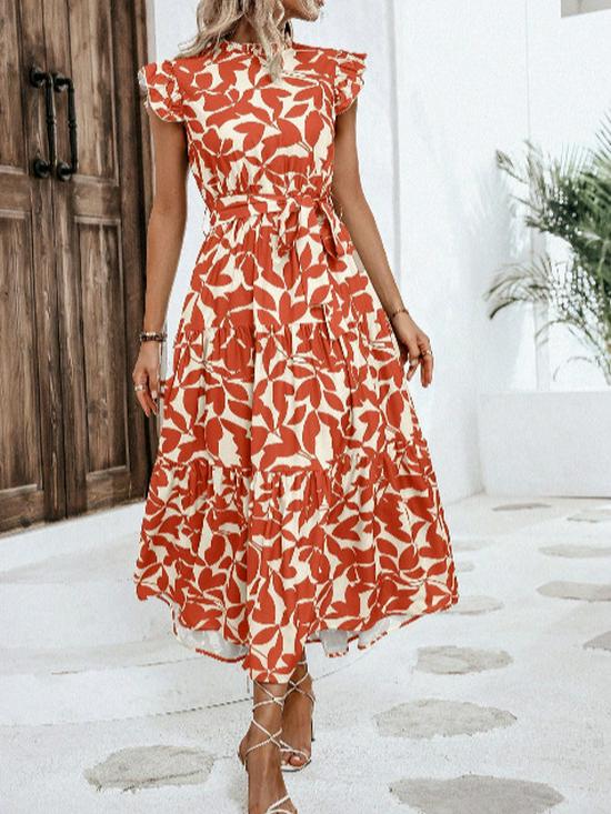2026 Spring/Summer European and American Style Printed Round Neck Flutter Sleeve Fashion Dress for Women