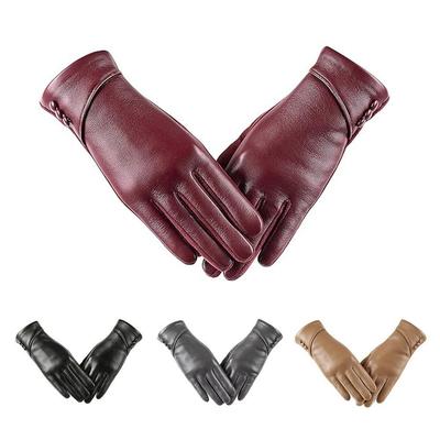 Button Women Leather Gloves Solid Color  Gloves Simple Full Finger Mittens  Ladies