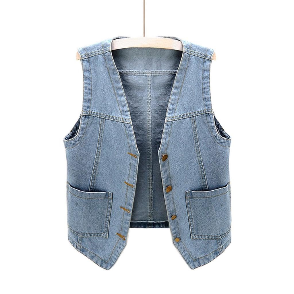 Women Sleeveless Denim Vest Casual Loose V Neck Waistcoat Single Breasted Pocket Jean Vest Short Outerwear Tank Jacket