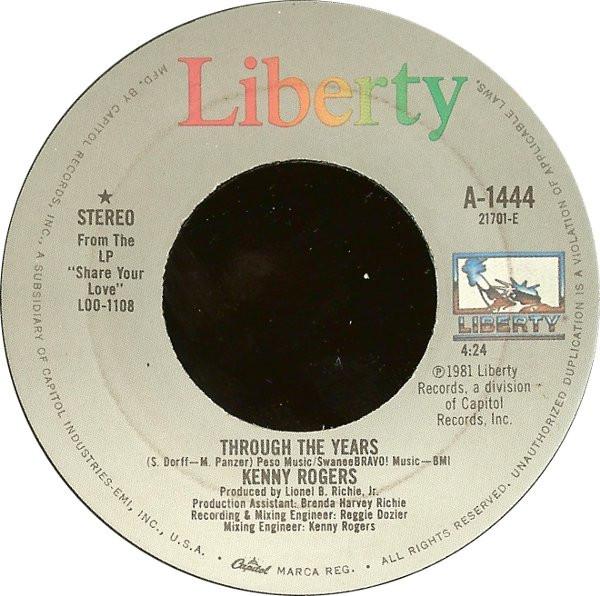 

7inch Record KENNY ROGERS - Through The Years A1444 Liberty 1981 Canada Pop Used