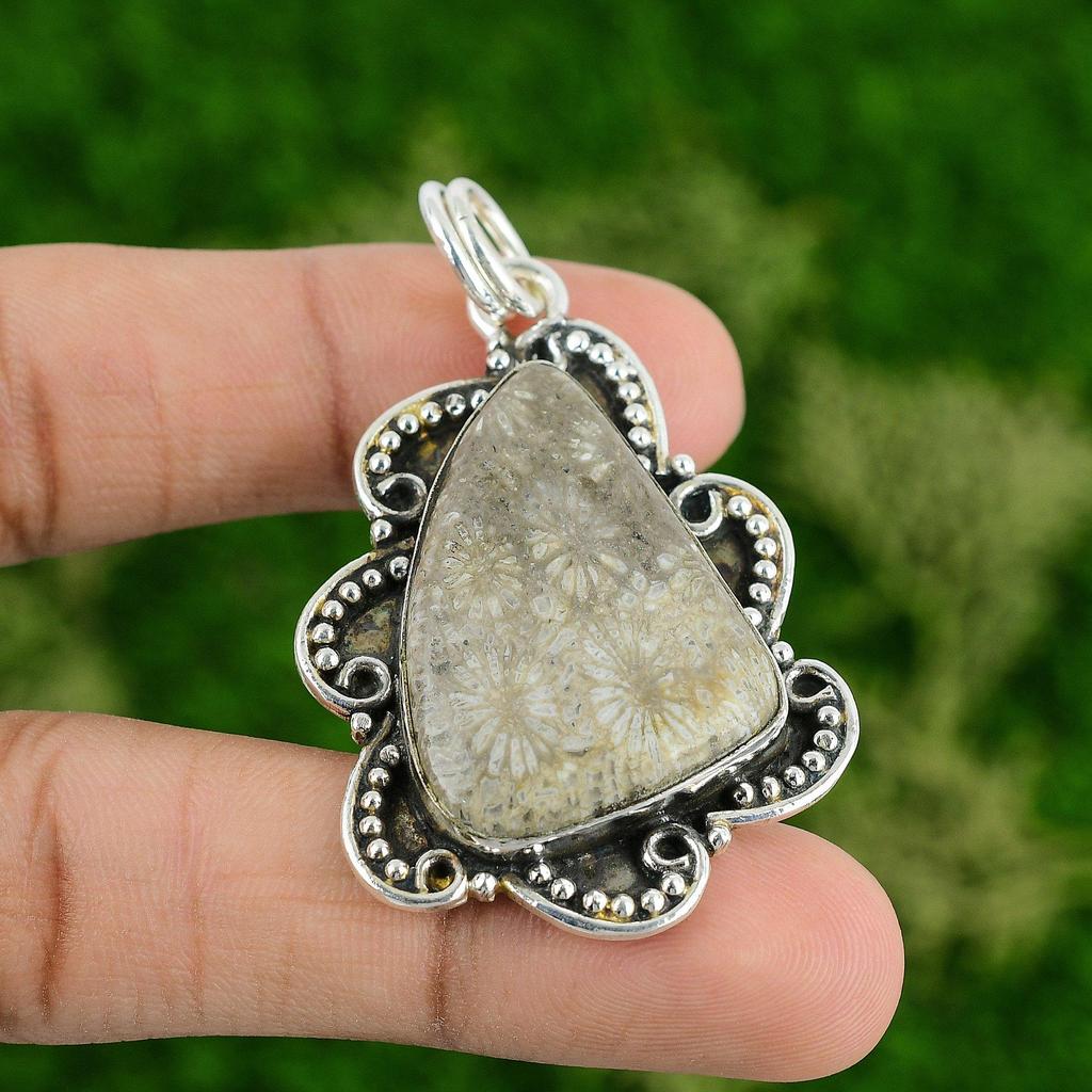 Fossil Coral Gemstone Anniversary Ethnic Wedding New Pendant 925 Sterling Silver