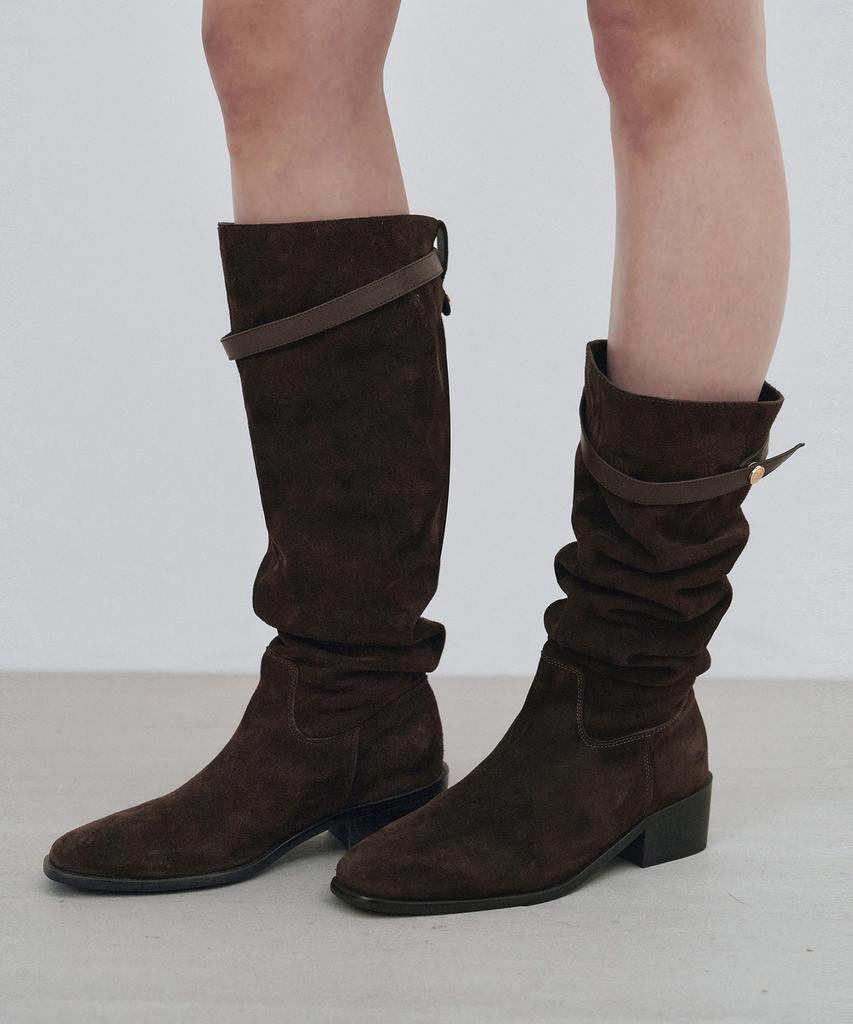 Mongdol Buckle Strap Cow Leather Suede Shirred Long Boots Mdac045_2 Colors
