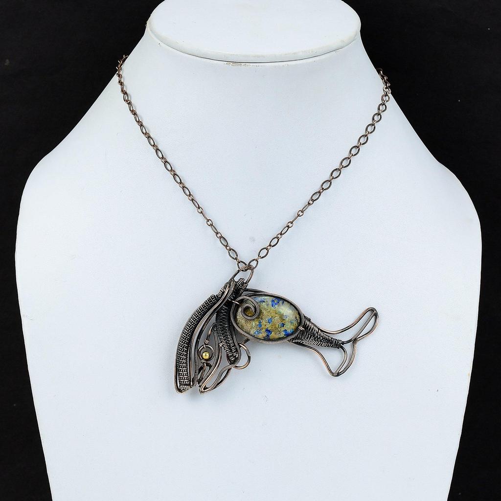 Pandantiv Azurit Malahit Înfășurat în Sârmă de Cupru Pandantiv cu Piatră Prețioasă Bijuterii din Cupru Handmade Pandantiv Pește Înfășurat în Sârmă Bijuterii Designer Cadou Pentru Ea