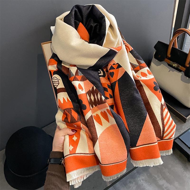Autumn and winter new imitation cashmere scarf female cartoon poker pattern warm versatile long shawl