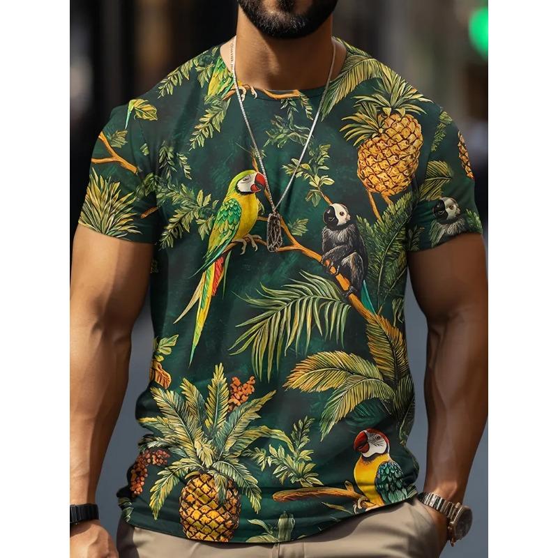 Men's Hawaiian Tropical Flower Print T-shirt Sports Short Sleeved Crew Neck T-shirt for Summer Outdoor Fitness Workout Men's Clothing