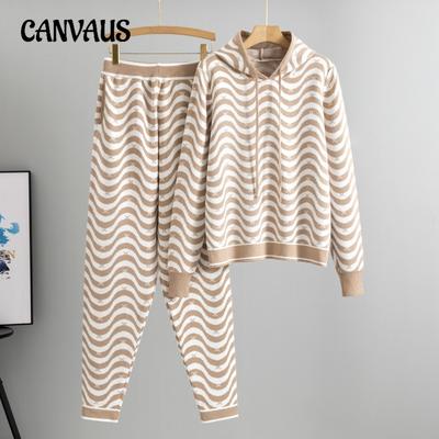 Damen Herbstmode Casual Kapuzenstrick Wellenförmig Gestreifter Pullover Jogginghose Zweiteiliges Set