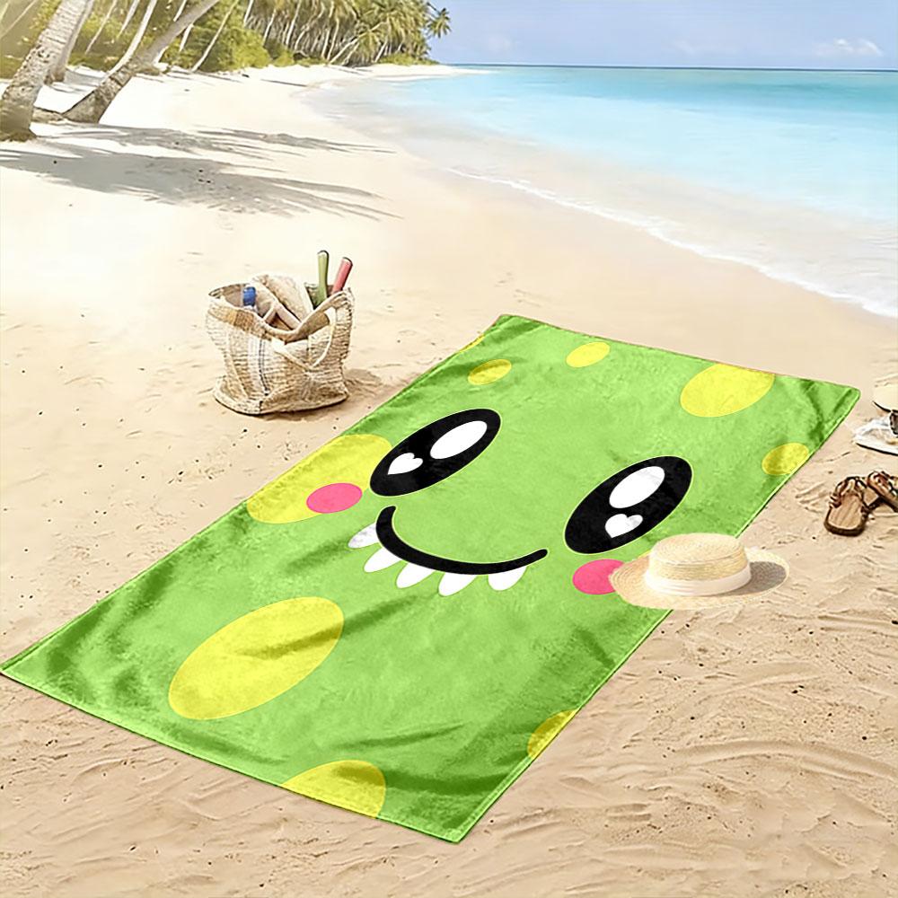 Cute Green Monster with Polka Dots and Smile Patterned beach towel quick dry perfect for travel outdoor sports jogging the beach and swimming
