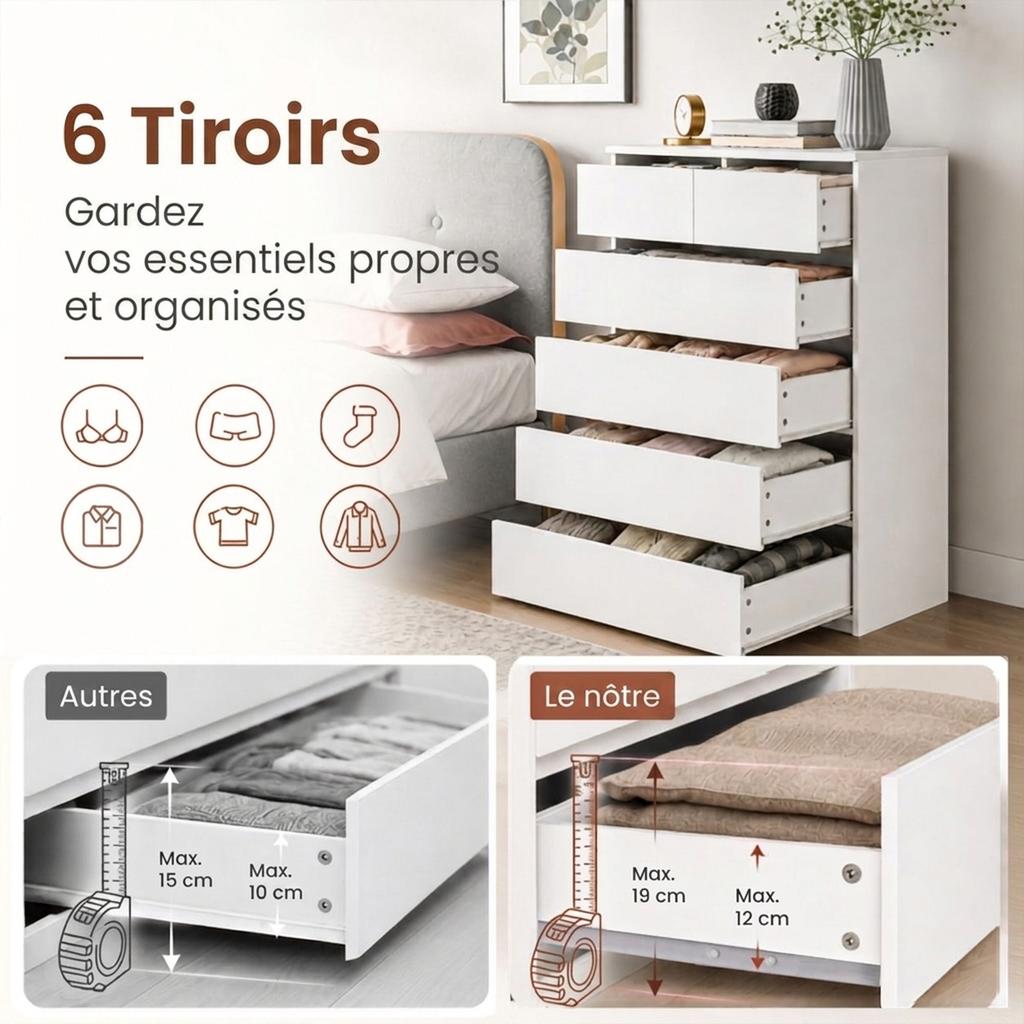 Commode 6 Drawers Storage Furniture Without Handles Minimalist Design 80 X 39 X 115 Cm White