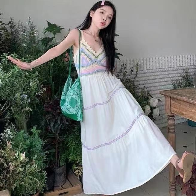 2026 Women's Ethnic Style Suspender Hollow Splicing Dress, New Holiday Style Travel Suspender Skirt Women's Clothing