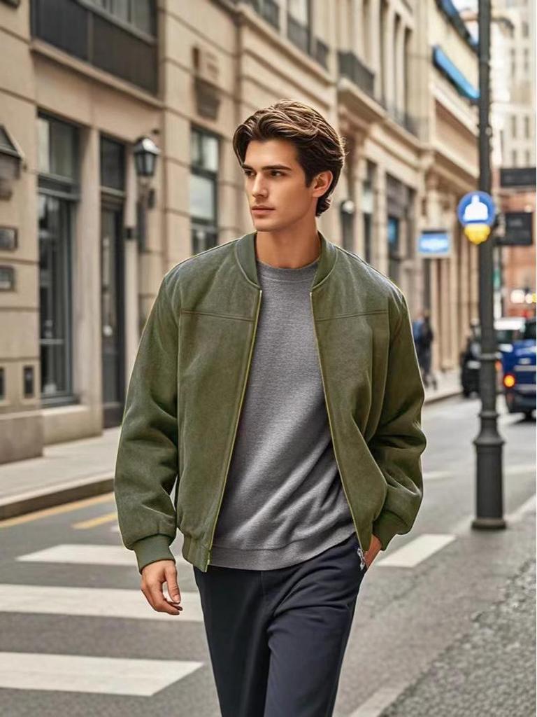Men's Retro Suede Stand Collar Jacket - Loose Fit, Zipper Cardigan Coat, Trendy and Fashionable for Autumn/Winter