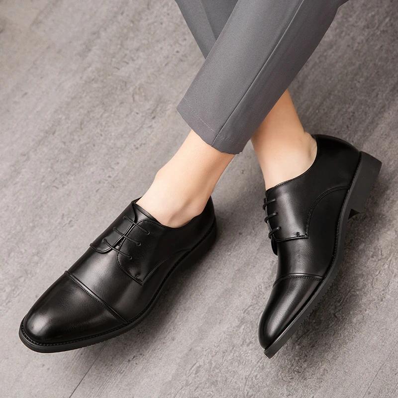 European Station Men  New Arrival Pointed Splice Casual Derby Leather Shoes Black Brown Sizes 38-48 Men Shoes