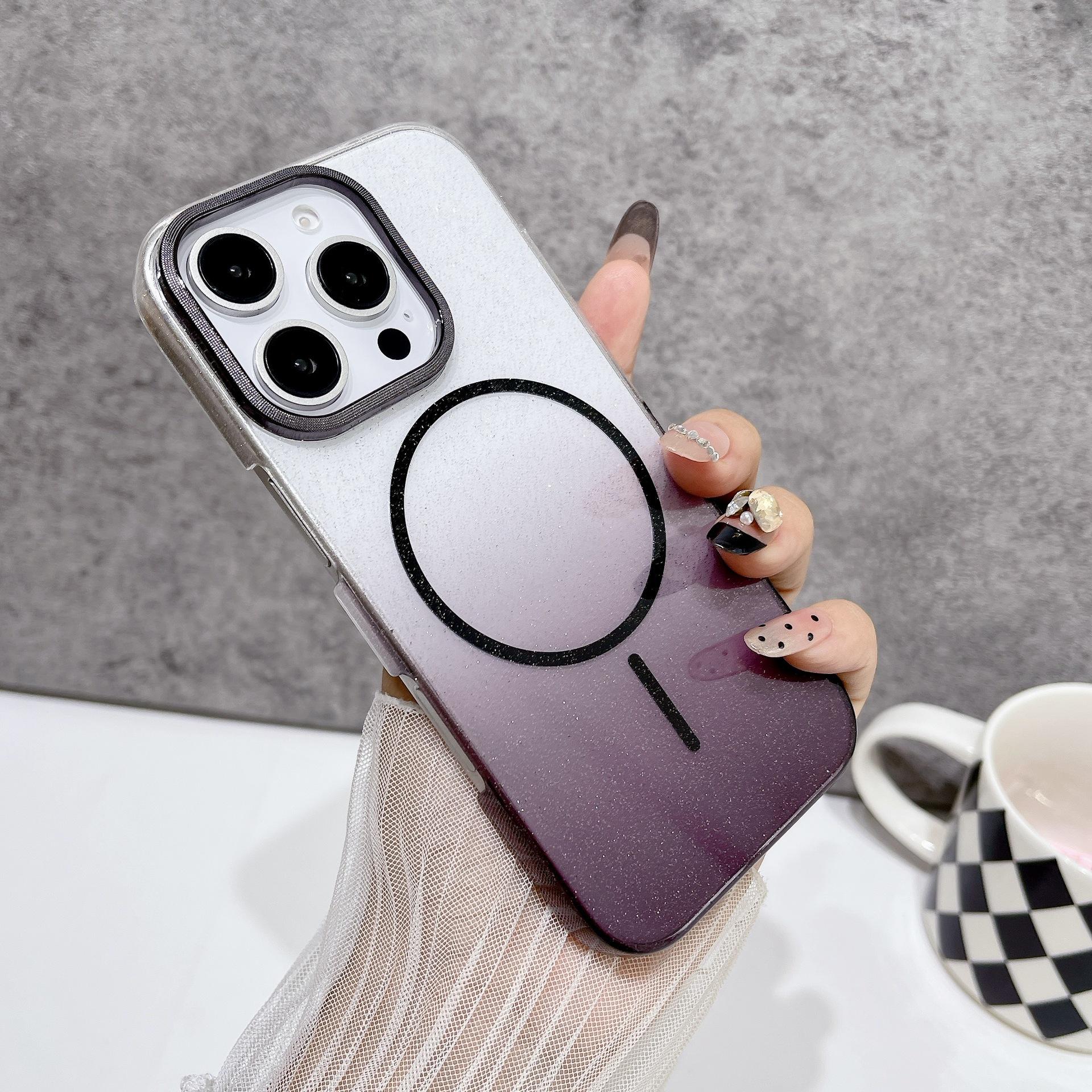 

For Apple 17 Promax Thin Ring Magnetic Phone Case for IPhone 16 Gradient Glitter Metal Lens Ring 15 Hard For iPhone11Promax