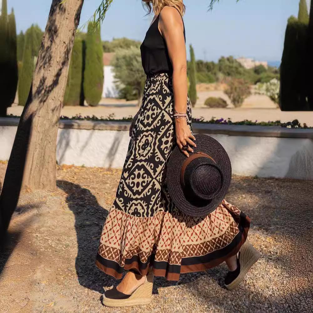 2024 Summer Women's European & American Loose Patchwork Print Maxi Skirt