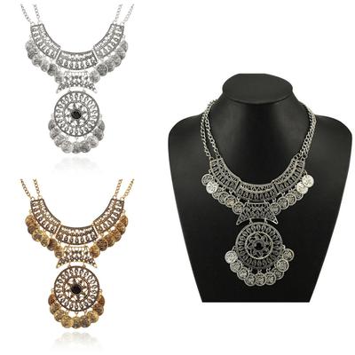 Damen Boho Ethno Vintage Doppelkette Münze Blumen Statement Halskette Schmuck