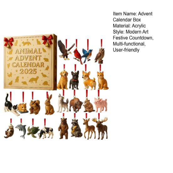 2025 Animal Advent Calendar 24 Days Acrylic Ornament Box with Surprise Mini Toys Christmas Countdown Decor for Kids' Room Tree Holiday Fun