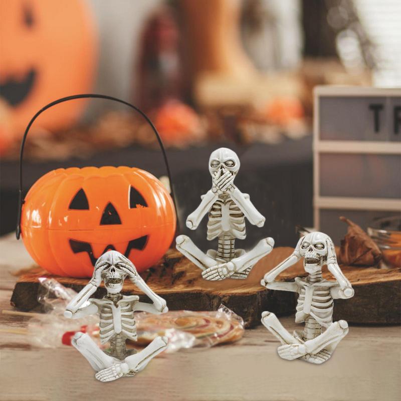 Gothic Skeleton Figures 3PCS Mini No Listen No Look No Say Skeleton Resin Outdoor Yard Sculpture Figurines For Halloween