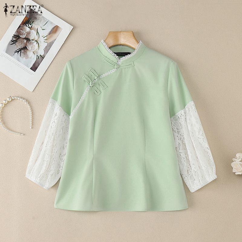 ZANZEA Damen Casual Stehkragen Spitze Patchwork 3/4 Ärmel Bluse