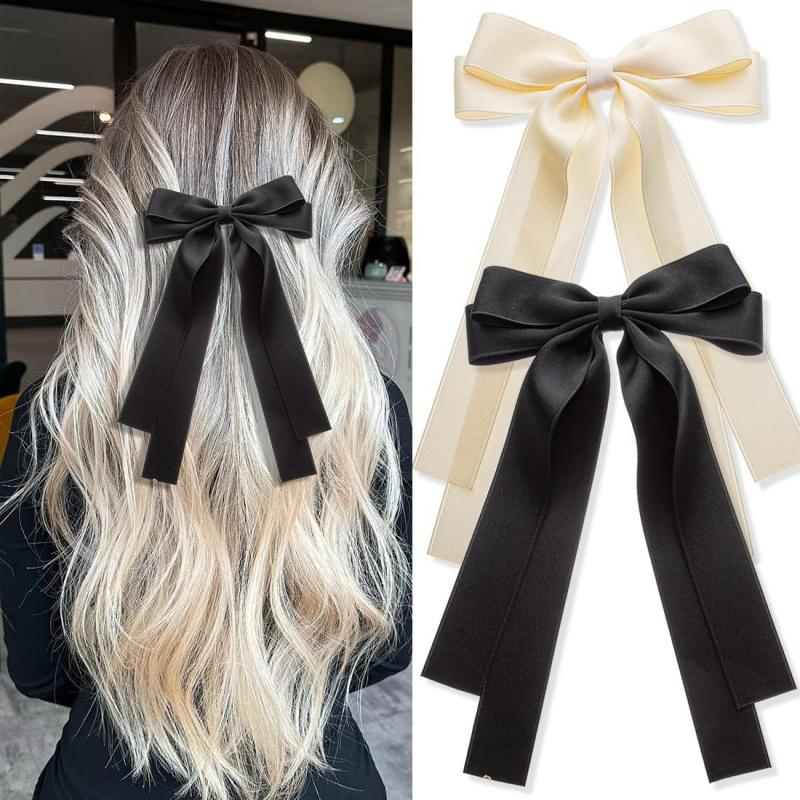 Long Streamer Hair Bows Oversized Double Layer Ribbon Barrette Sophisticated Solid Color Hairpin For Formal Occasions