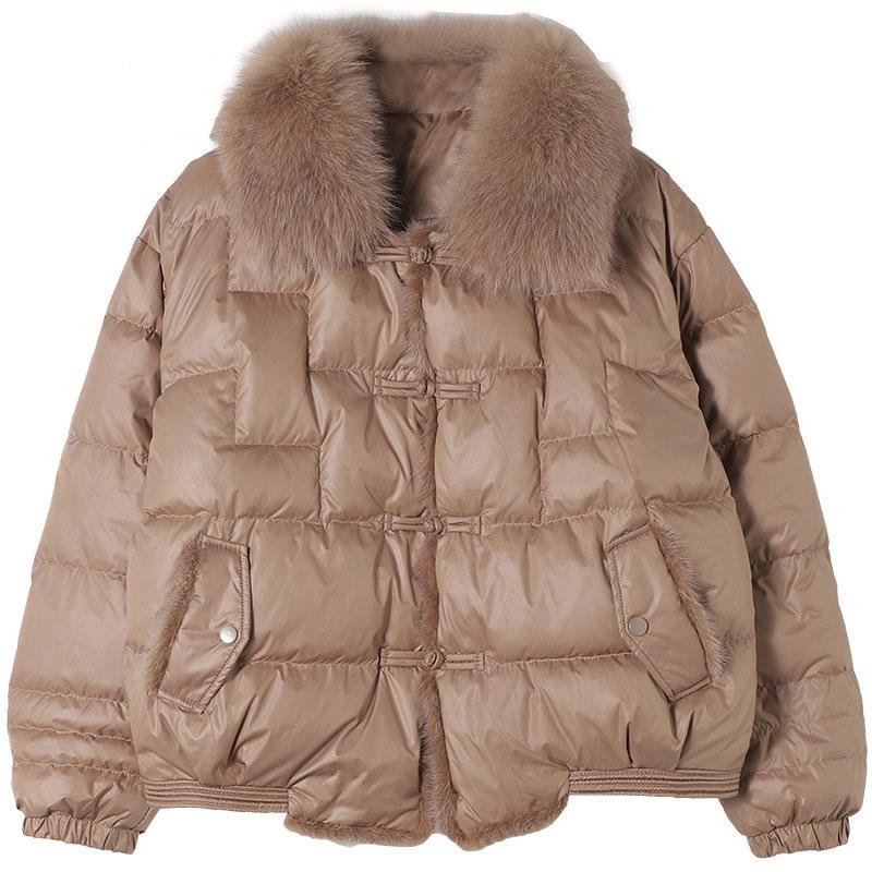 Winter Lightweight Fox Fur Collar Button Down Jacket Women White Duck Down Jacket Ladies Short Warm Puffer Coat Female Loose Vintage Parka