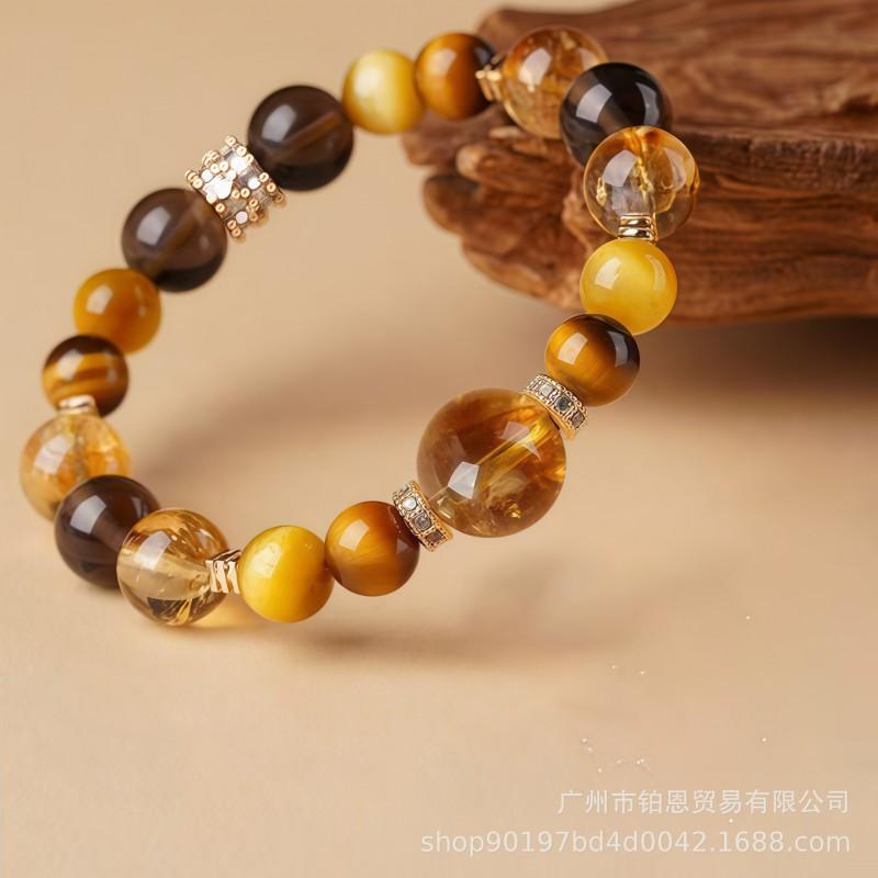 Natural Yellow Tigers Eye Citrine Beaded Bracelet Handmade Unisex Boho Style Lucky Charm Jewelry Gift