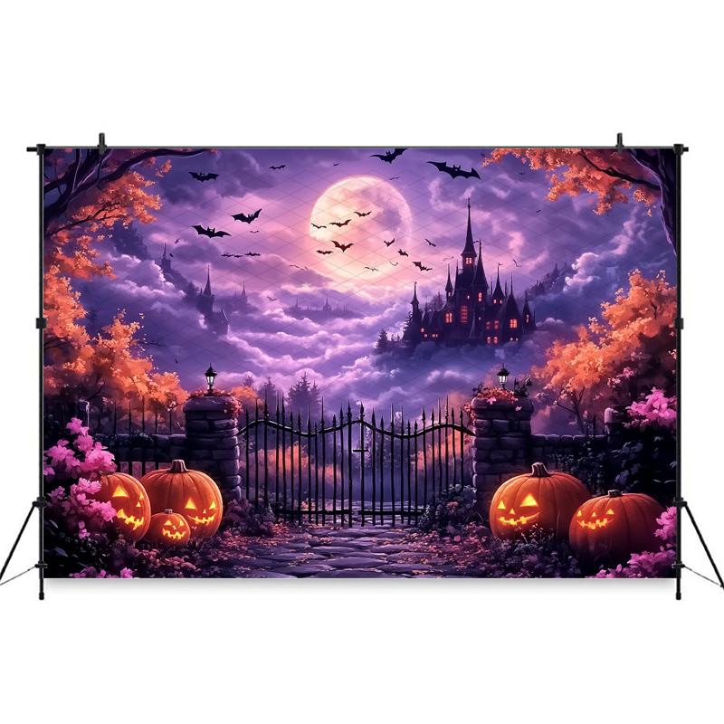 Mocsicka Halloween Photography Background Purple Sky Castle Bat Autumn Leaf Pumpkin Party Decorations Baby Photo Backdrop Banner