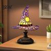 Ambient Bedside Light Stained Glass Style Witch Hat Lamp USB Powered Resin Wizard Night Soft Warm Lamp with Sun Star Gothic Halloween Table