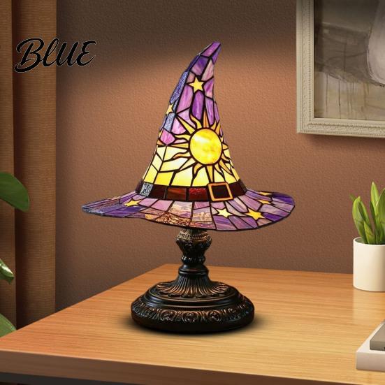 Ambient Bedside Light Stained Glass Style Witch Hat Lamp USB Powered Resin Wizard Night Soft Warm Lamp with Sun Star Gothic Halloween Table