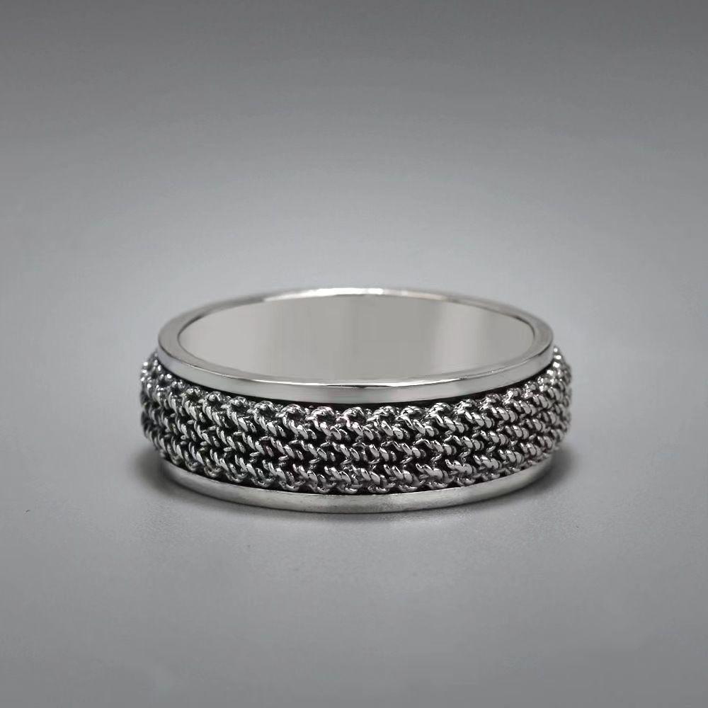 Thai Silver Twist Rope Ring: Personalized Rotatable Woven for Women, Hip Hop Students, and Retro Couples