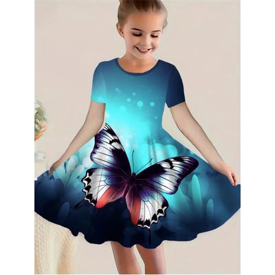 3D Digital Cartoon Butterfly Pattern | Cute Girls' Short Sleeve Tunic Dress Perfect for Spring/Summer, Casual Style with Slight Stretch Fabric