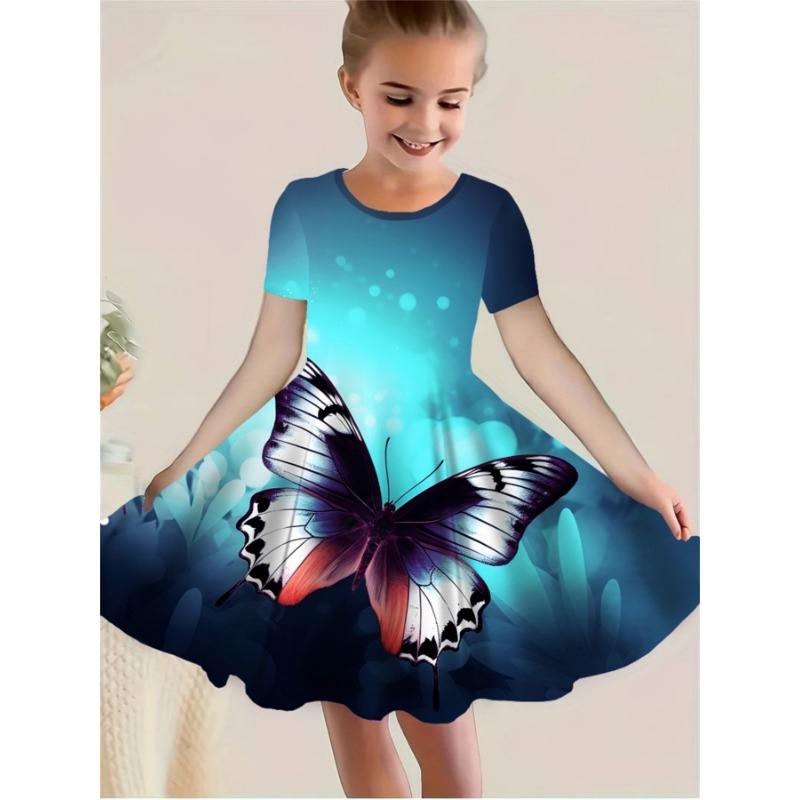 

3D Digital Cartoon Butterfly Pattern | Cute Girls Short Sleeve Tunic Dress Perfect for Spring/Summer, Casual Style with Slight Stretch Fabric 110