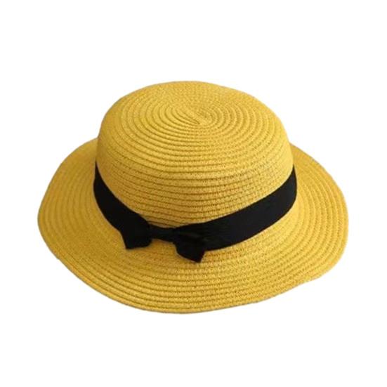Beach Straw Hat Flat Top Wide Brim Sun Protection Hat with Black Ribbon Bow Hand-Woven Breathable Summer Hat