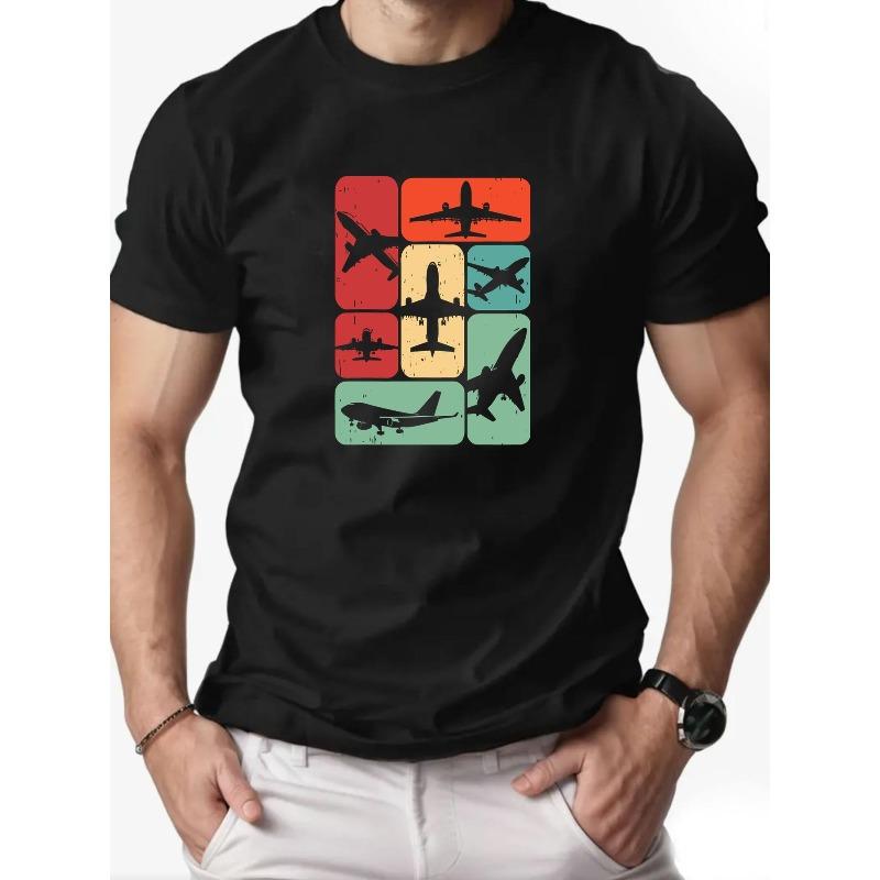 Men S Colorful Airplane Patterned Short-Sleeve T-Shirt for Summer Casual Wear S