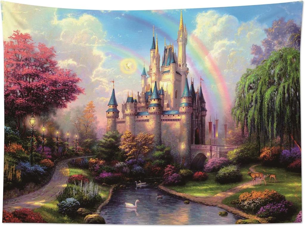 Castle Tapestry Trees And River In Fantasy Forest Wall Hanging Fairy Tale Tapestries For Kids Bedroom Living Room Dorm Party