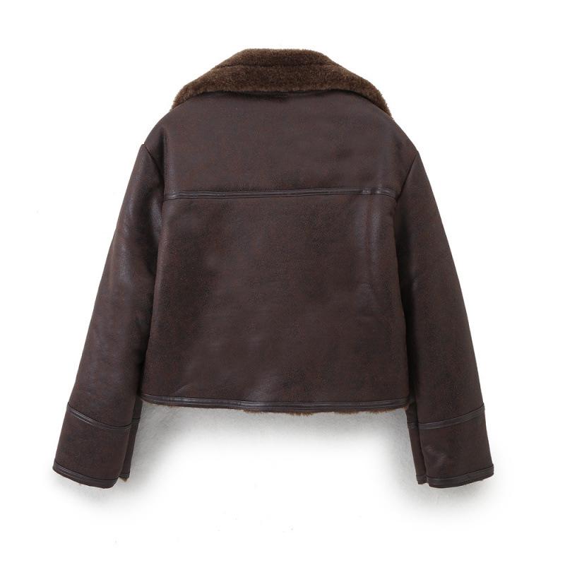 European & American Retro Versatile Double-Sided Long Sleeve Jacket with Zipper Pocket & Turn-Down Collar