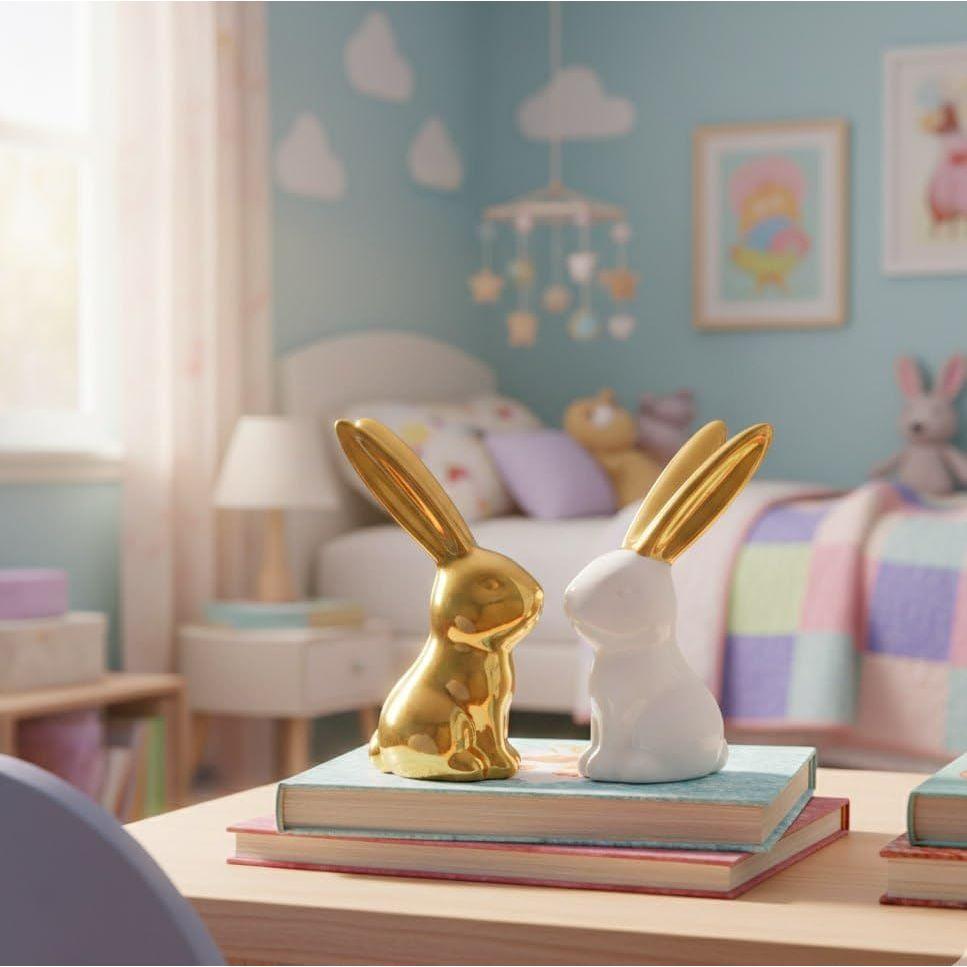 Home Decor Rabbit Statues,1 Pair, Small Decorative Accents for Shelves, Livingroom and Bedroom, Gold and White (Rabbit)
