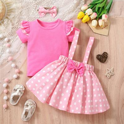 Ensemble trois pièces pour filles, petit haut à manches volantes, jupe à bretelles à pois, ensemble cerceau pour cheveux pour enfants