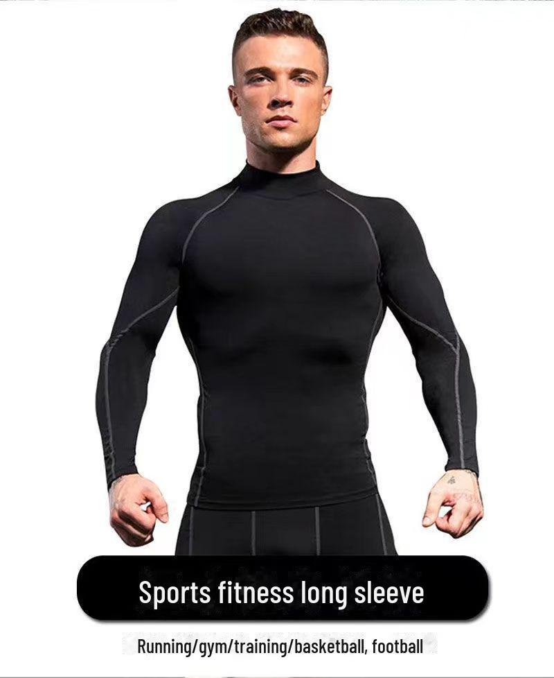Men's High-Collar Basketball Training Tights - Long Sleeve, Plus Velvet, Warm, High Elastic, Quick-Drying.