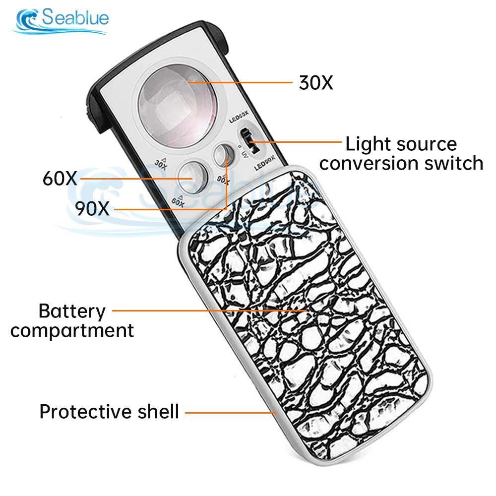 30/60/90X Magnifier Banknote Inspection LED Lamp Pull-out Folding Magnifying Glass Antique Appraisal Jewelry Diamond Repair Tool