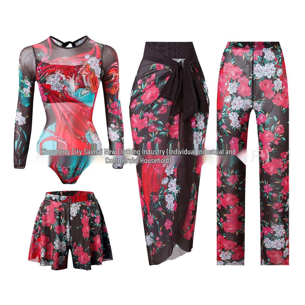Women's Four-Piece Sun Protection Swimsuit Set with Long-Sleeved Top and Mesh Pants