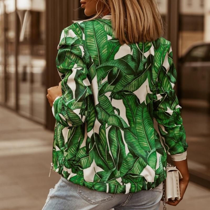 Fashion Flower Print Long Sleeve Women's Bomber Jacket Zipper Up Vintage Coat Tops Elegant Slim Basic Ladies Jackets