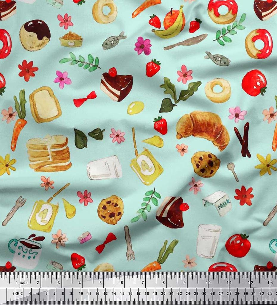 Soimoi Japan Crepe Satin Fabric Fruits,Bread & Donut Food Decor Fabric Printed metre 42 Inch