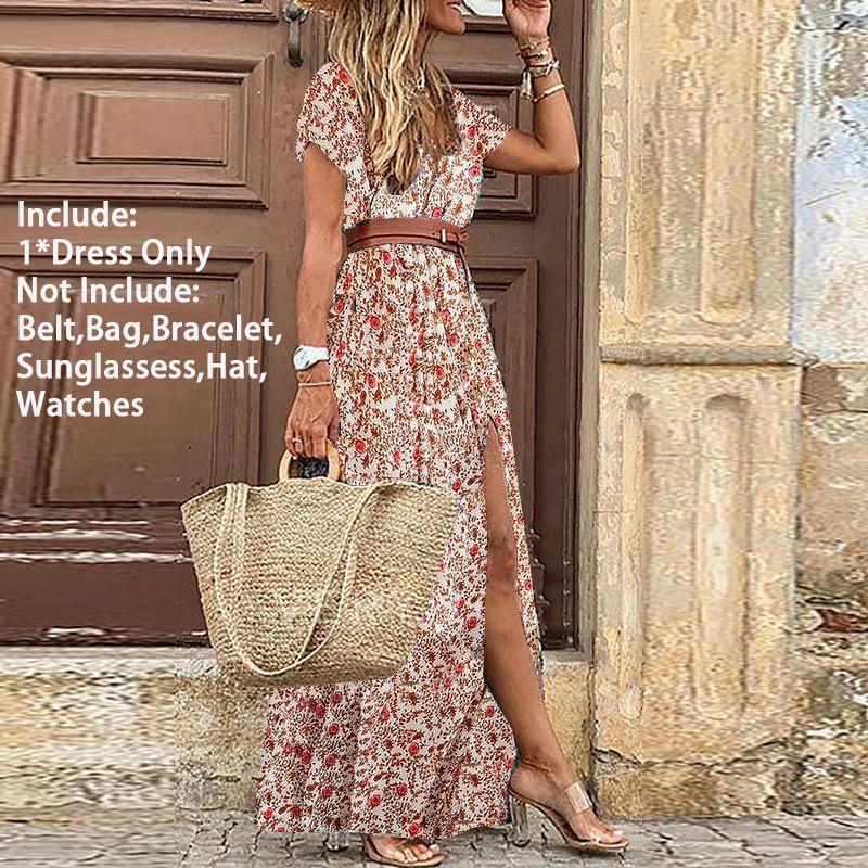 Floral Women Summer Long Maxi Dress Ladies V Neck Boho Beach Holiday Sundress