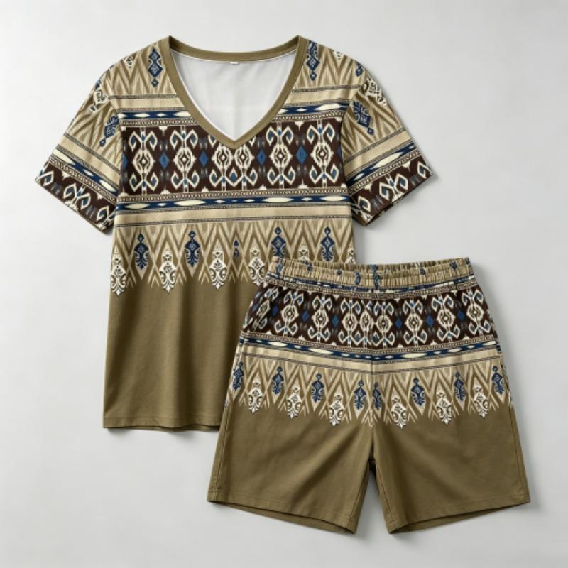Summer Fashion Bohemian Style Geometry Pattern Printed V- Neck Short Sleeved T-Shirt And Shorts Set Women's and Men's T-shirt Shorts Set