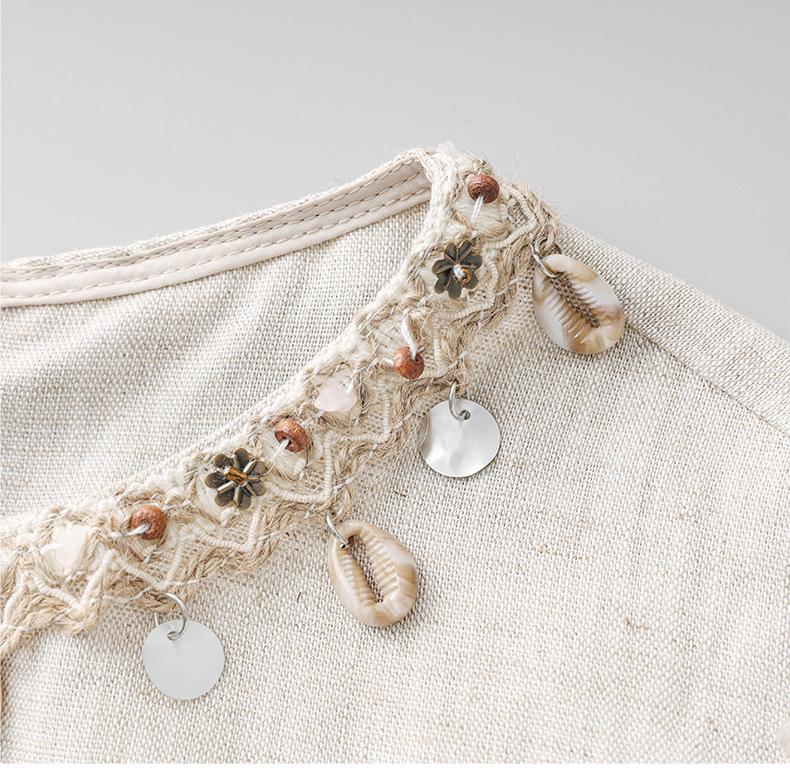 Ärmelloses Kleid im Bohemian-Stil aus Leinen-Tencel mit Muschel-Anhänger & Quaste für Damen